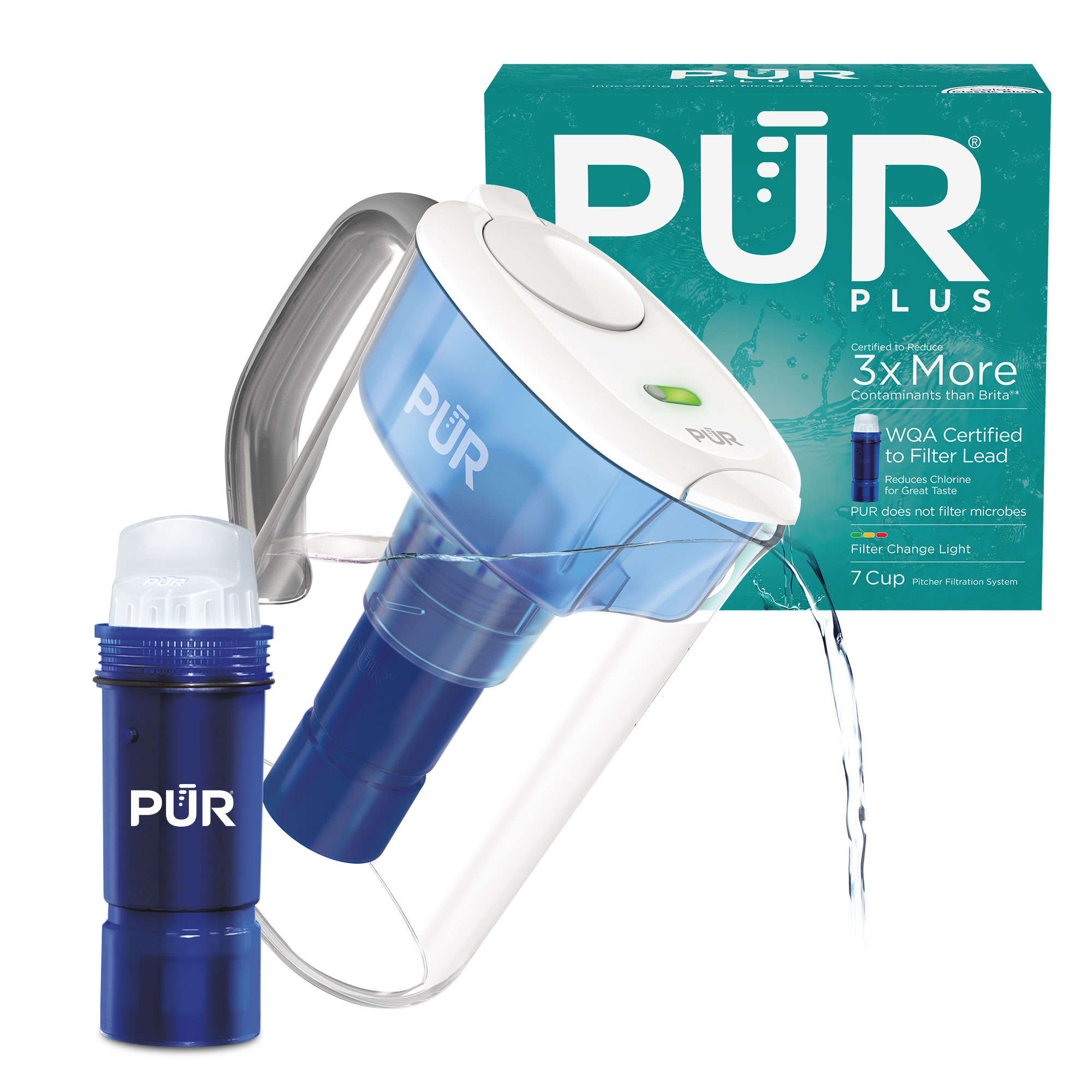 White PUR PLUS 7-cup pitcher with lead-reducing filter and package; official product image.