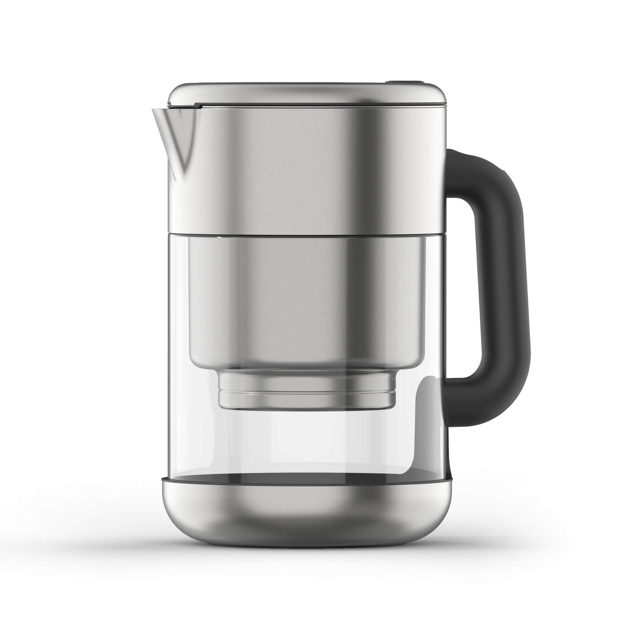 Rorra Brushed Stainless Filtered Pitcher with a clear borosilicate-glass lower chamber, stainless-steel upper filter housing and dark handle; official studio product image.
