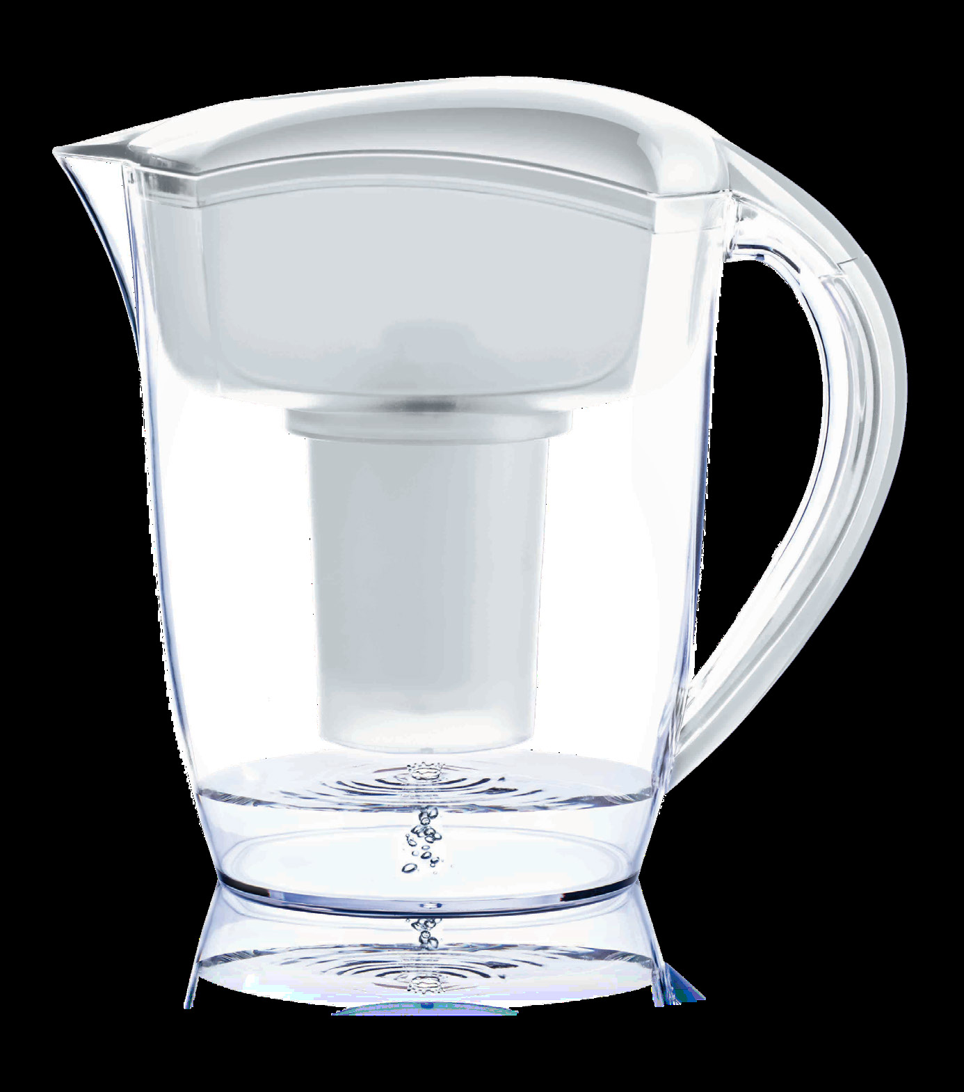 Carafe Classic Alkaline transparente Santevia 9-cup, avec réservoir supérieur de filtration amovible et poignée moulée, présentée dans le manuel du fabricant.