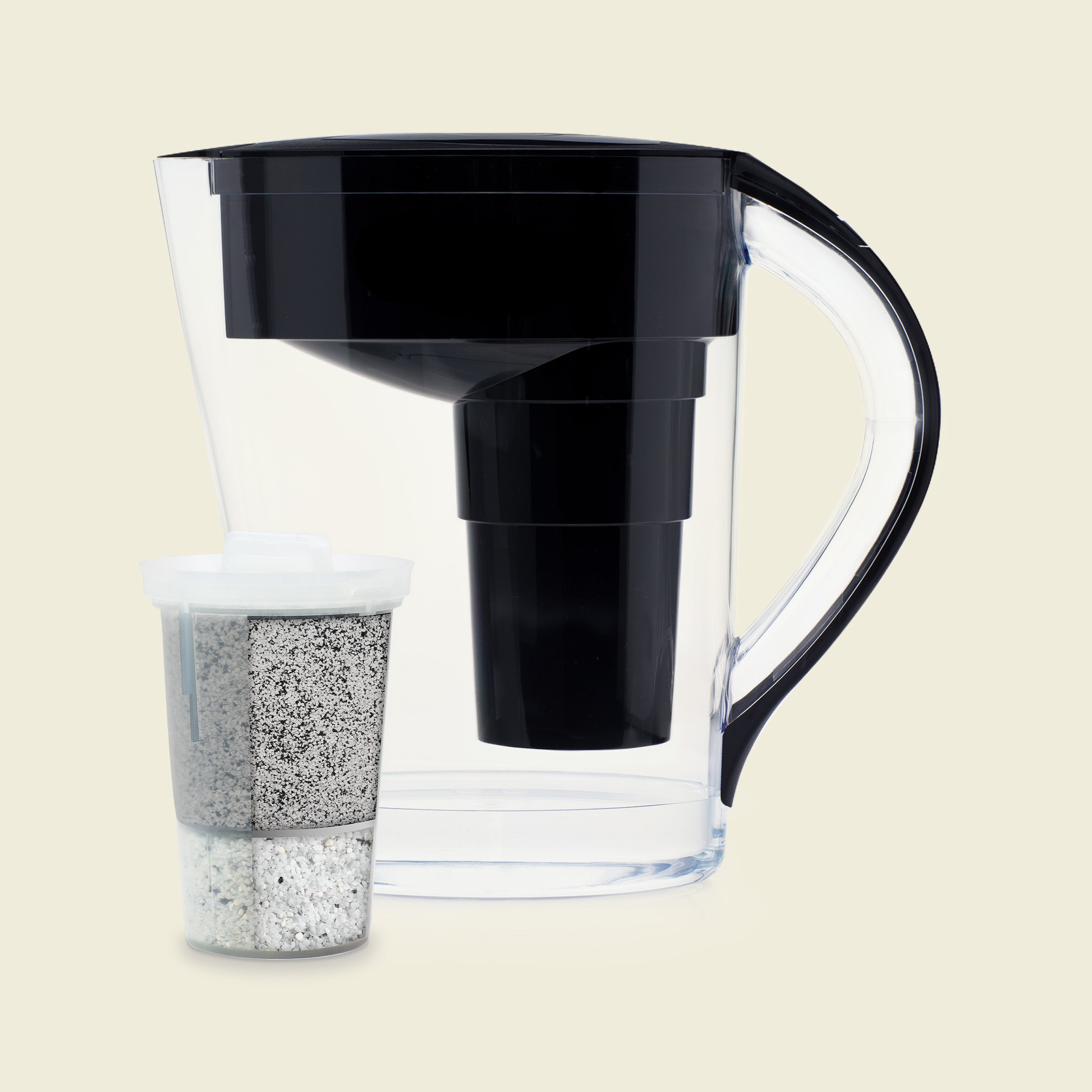 Clear Santevia MINA pitcher with black lid and handle, shown beside its MINA Fluoride filter cartridge