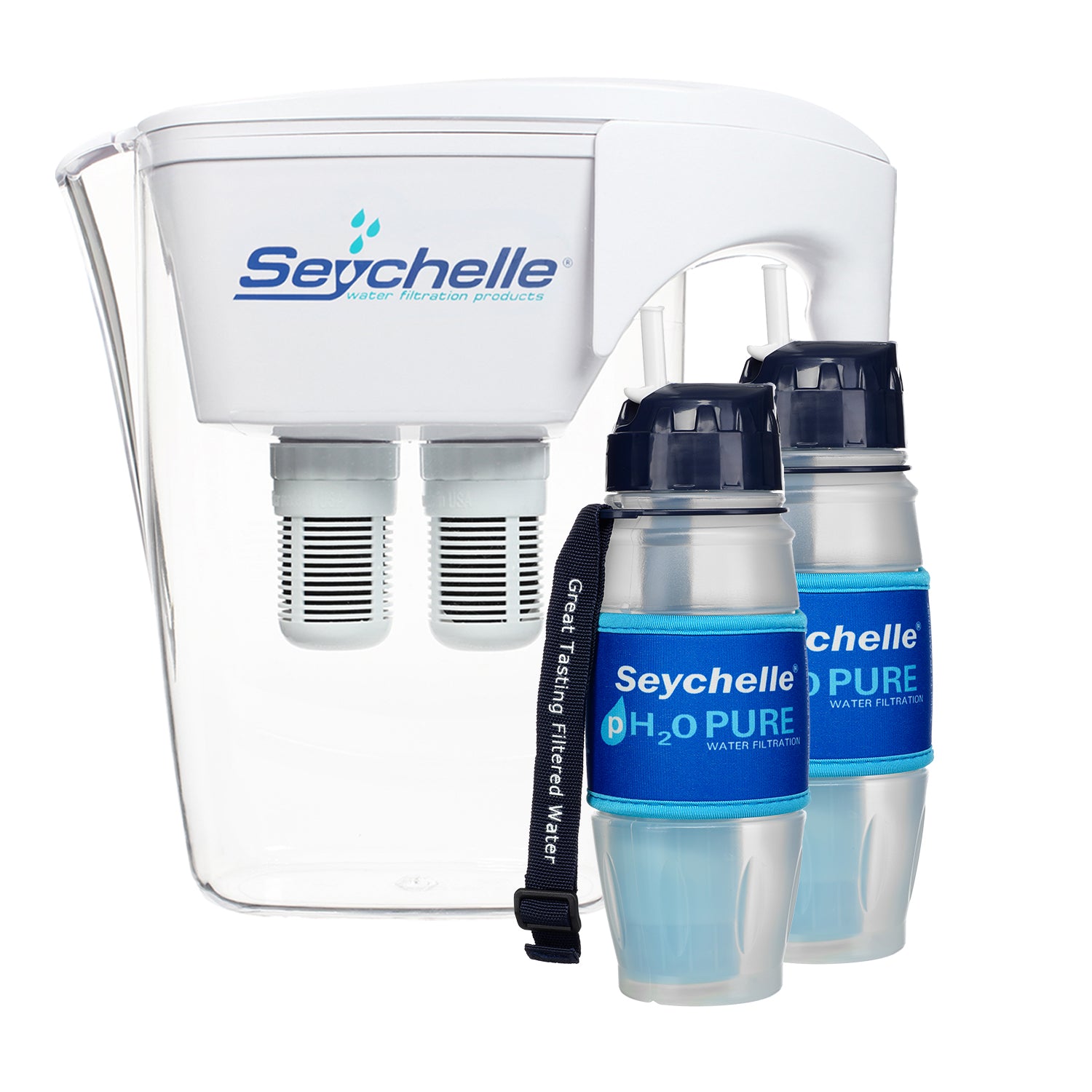 Seychelle Essential Alkaline Bundle, exact offer SKU 1-80503: white pitcher and two pH2O bottles. Official studio bundle photo; the exact filter components remain unspecified.