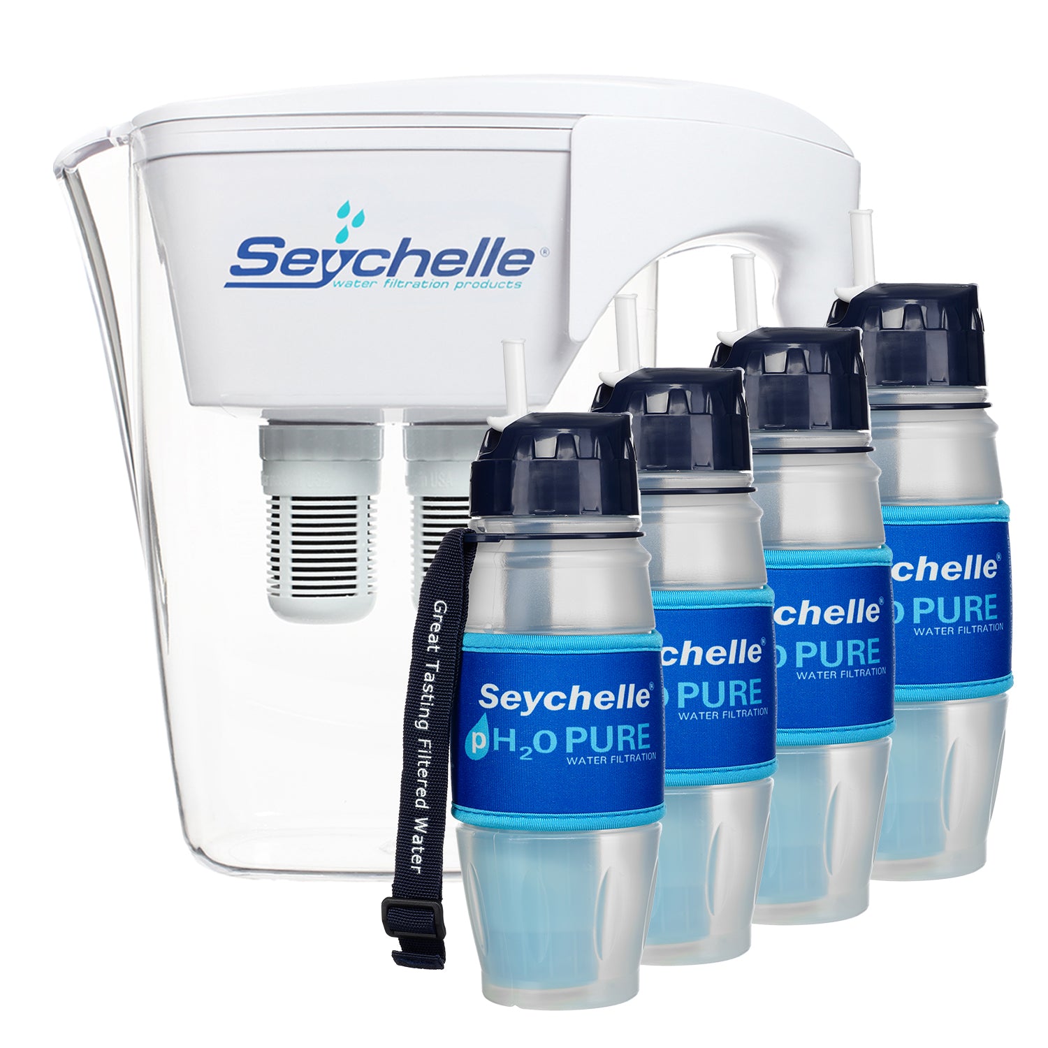 Seychelle Family Alkaline Bundle, exact offer SKU 1-80504: white pitcher and four pH2O bottles. Official studio bundle photo; exact filter components remain unspecified.