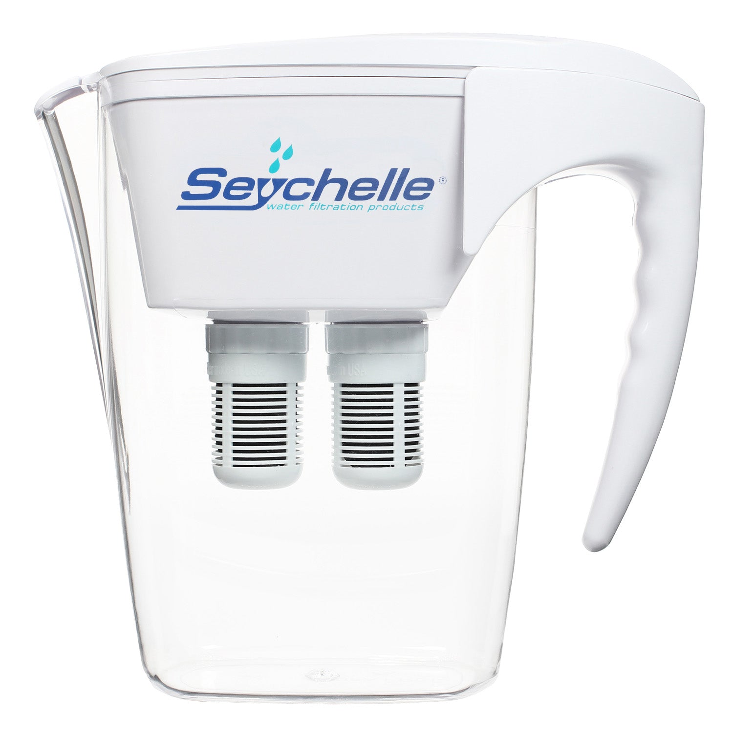 64 oz clear Seychelle Gen 2 pitcher with two white filter cartridges visible; generic dual-pitcher product rendering.