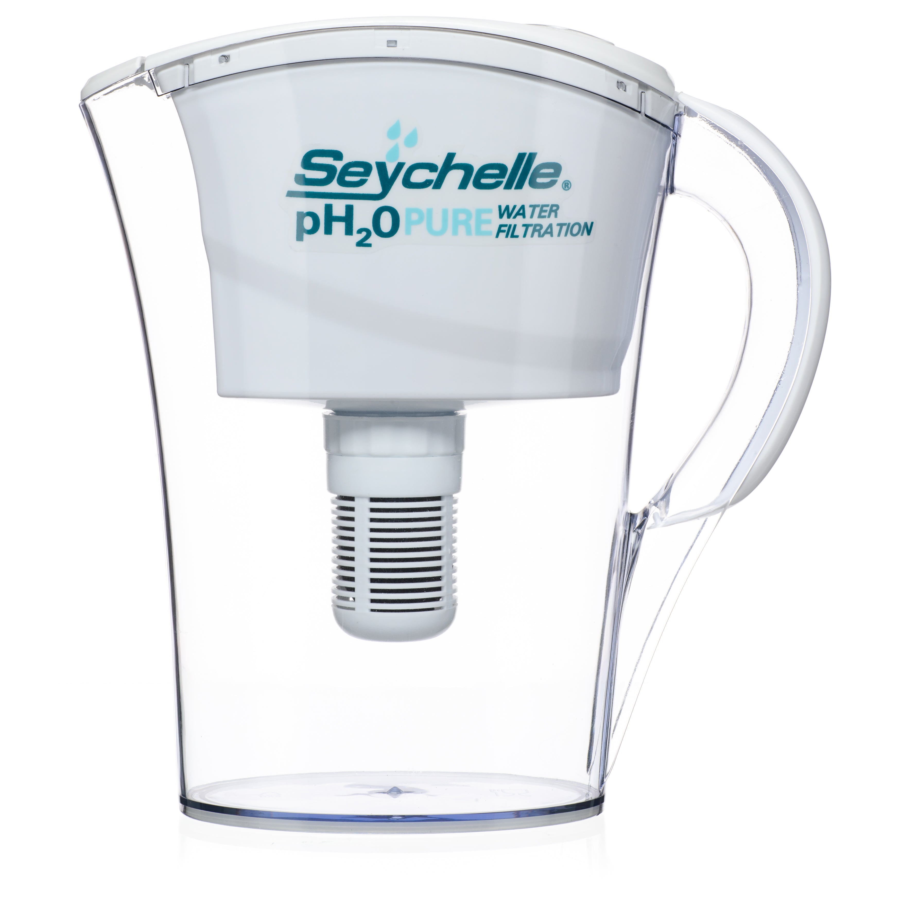 Clear compact pitcher with a single white cartridge and visible pH2O PURE marking; manufacturer product rendering.