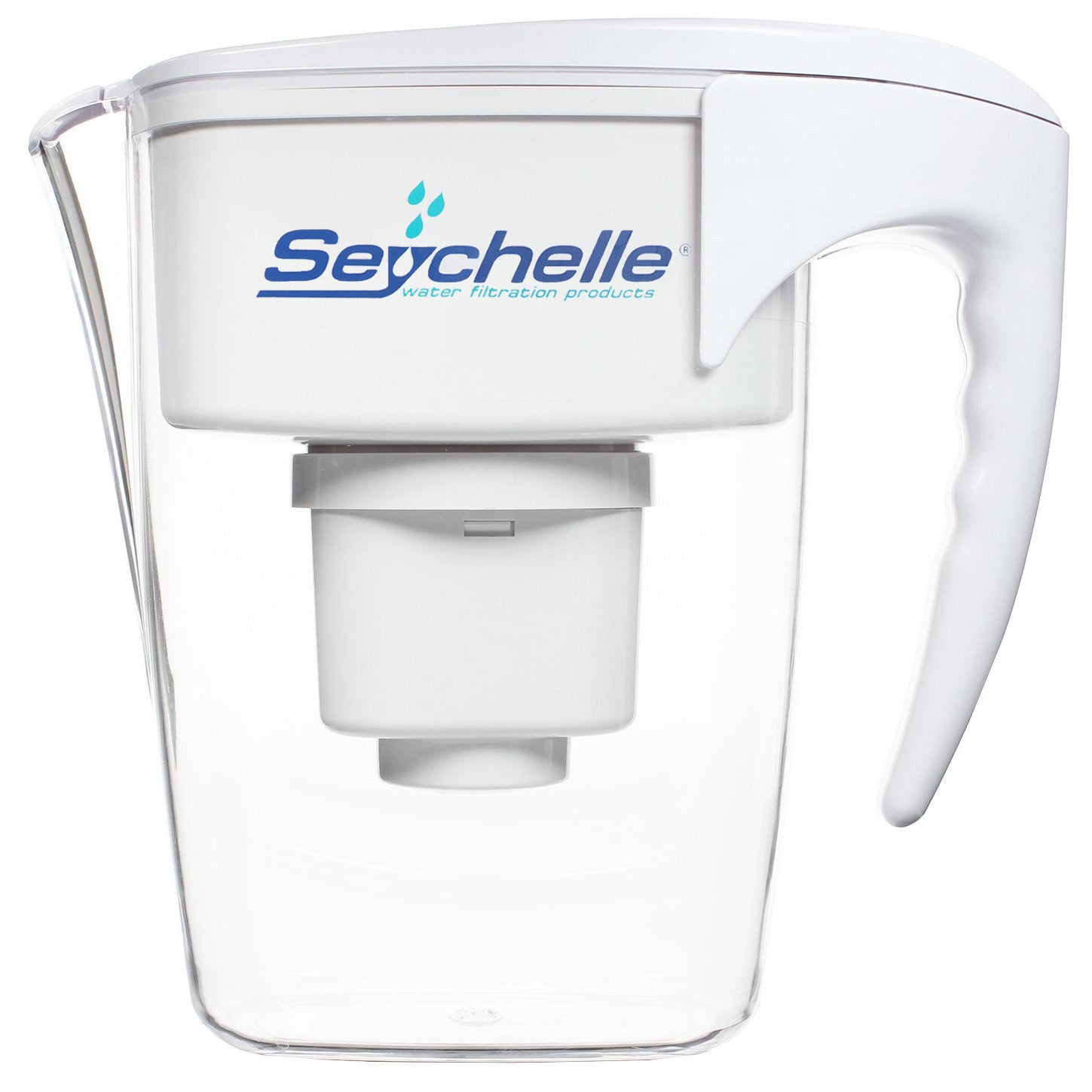 64 oz clear Seychelle RAD pitcher with one white filter cartridge visible; manufacturer product rendering.