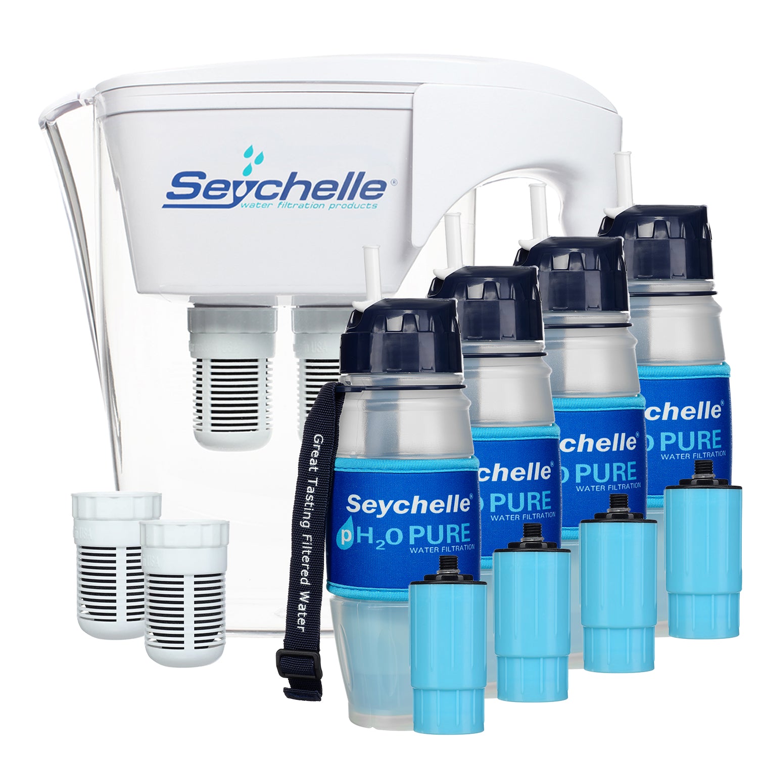Seychelle Ultimate Alkaline Bundle, exact offer SKU 1-80505: white pitcher, four pH2O bottles and spare filter elements. Official studio bundle photo; exact pitcher/filter components remain unspecified.