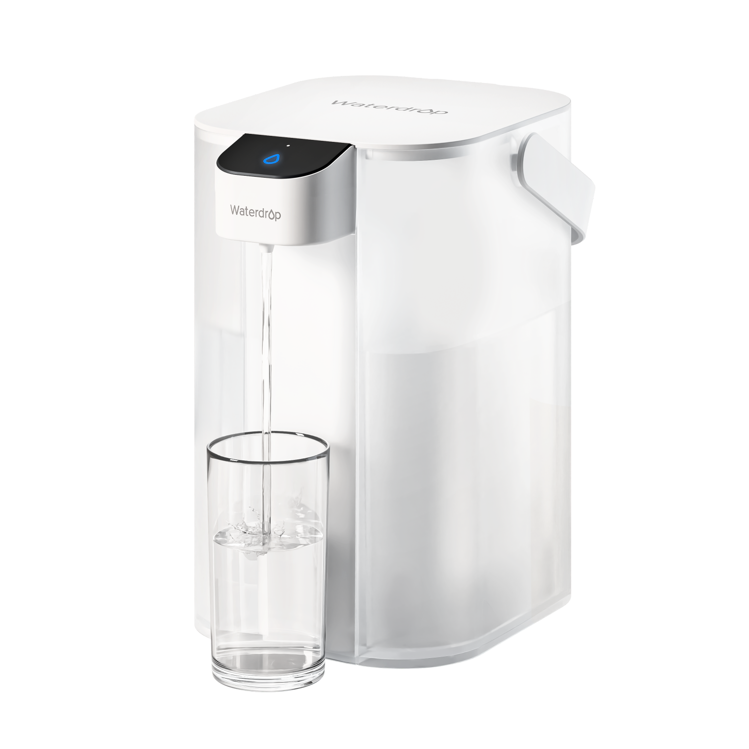 White Waterdrop ED01 countertop electric water filter pitcher with front dispense control and side handle; official studio rendering.