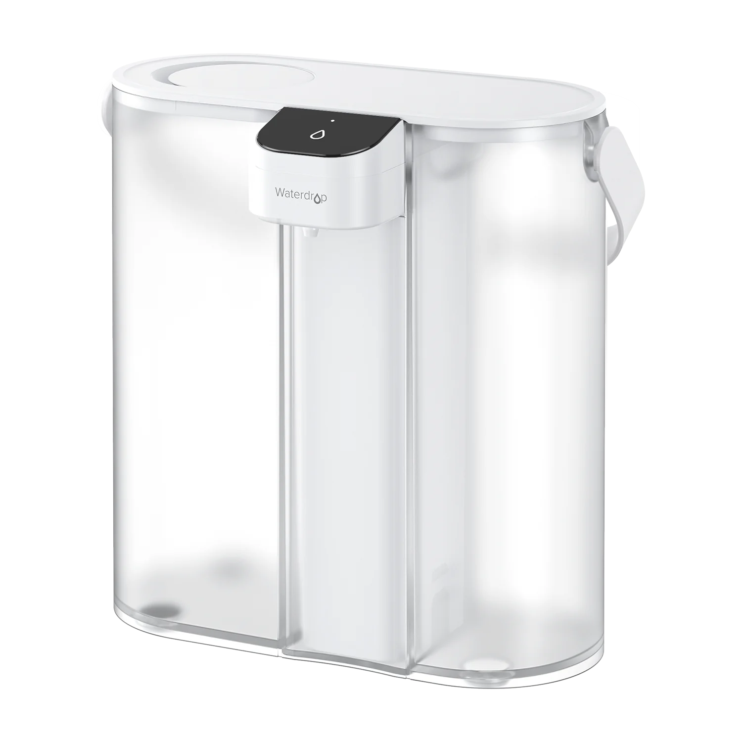 White Waterdrop ED02W electric water-filter pitcher with transparent tank, center-mounted pump head and side handle