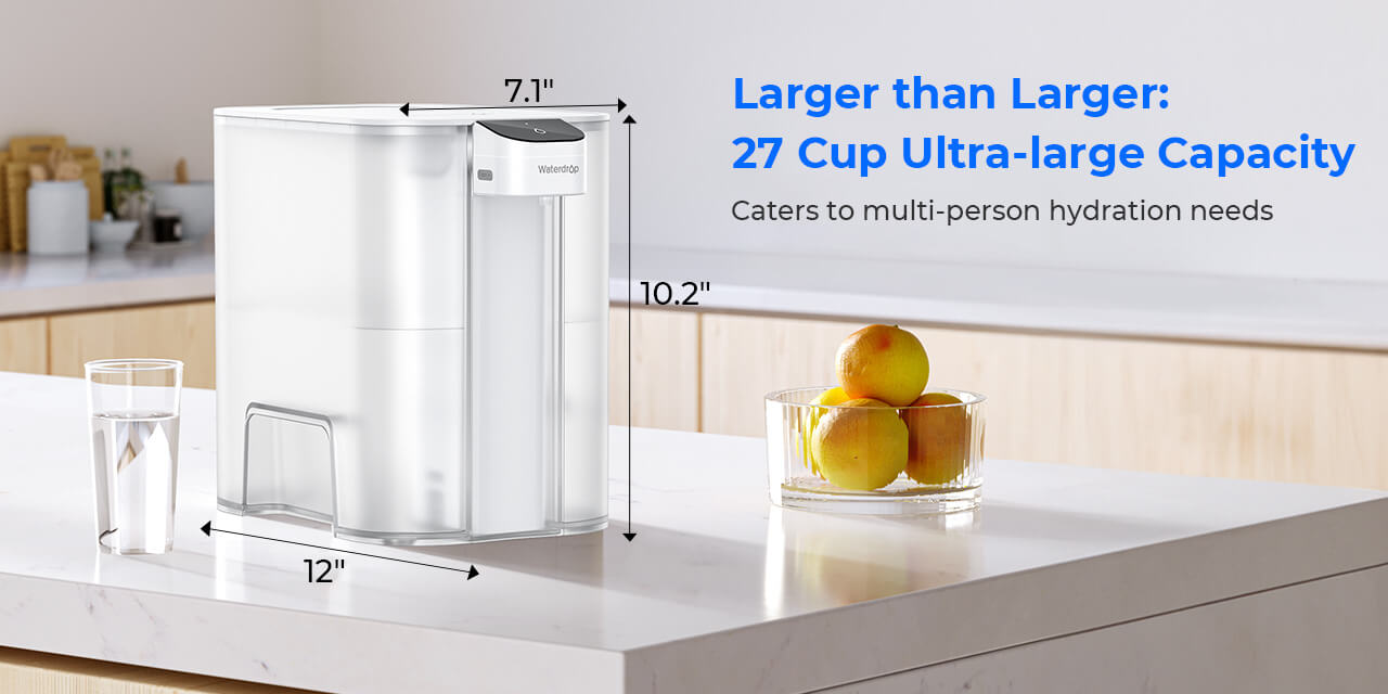 Waterdrop ED04 electric water filter pitcher in a staged counter scene with labels showing 27-cup capacity and 12 by 7.1 by 10.2 inch dimensions