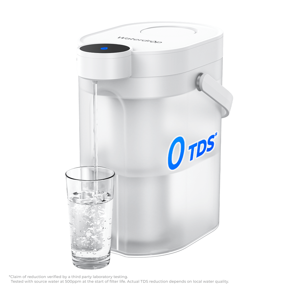 White Waterdrop WD-ED05TW countertop water filter dispenser pumping water into a drinking glass