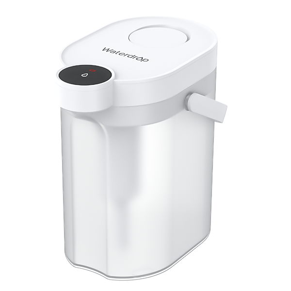 White Waterdrop ED06 electric water-filter dispenser with a clear tank, pump head and button outlet