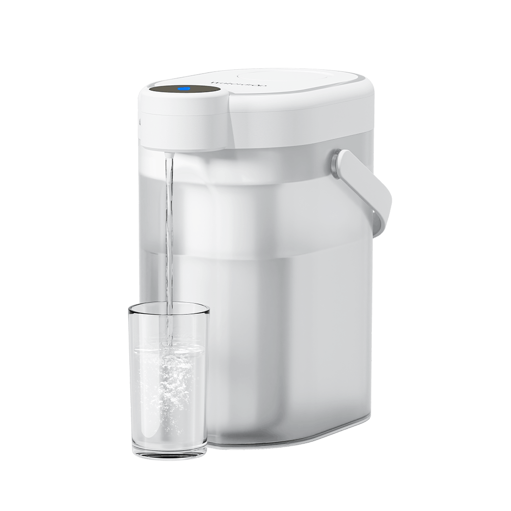 White Waterdrop ED07LW electric filter pitcher with clear reservoir, side handle and top-mounted button outlet on a studio background.