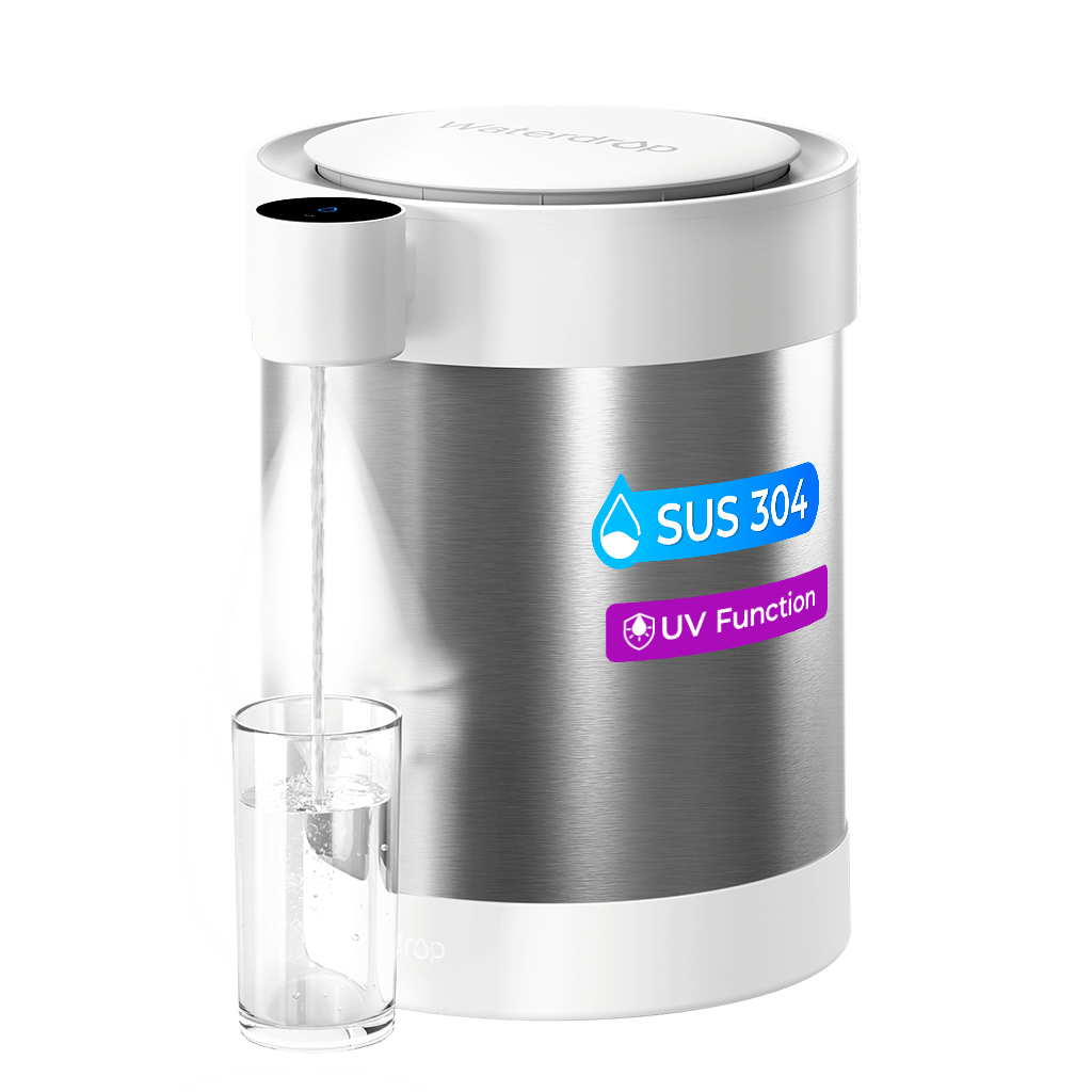 Waterdrop ED09W electric countertop water purifier with stainless-steel body, button outlet and UV Function label; official studio rendering.