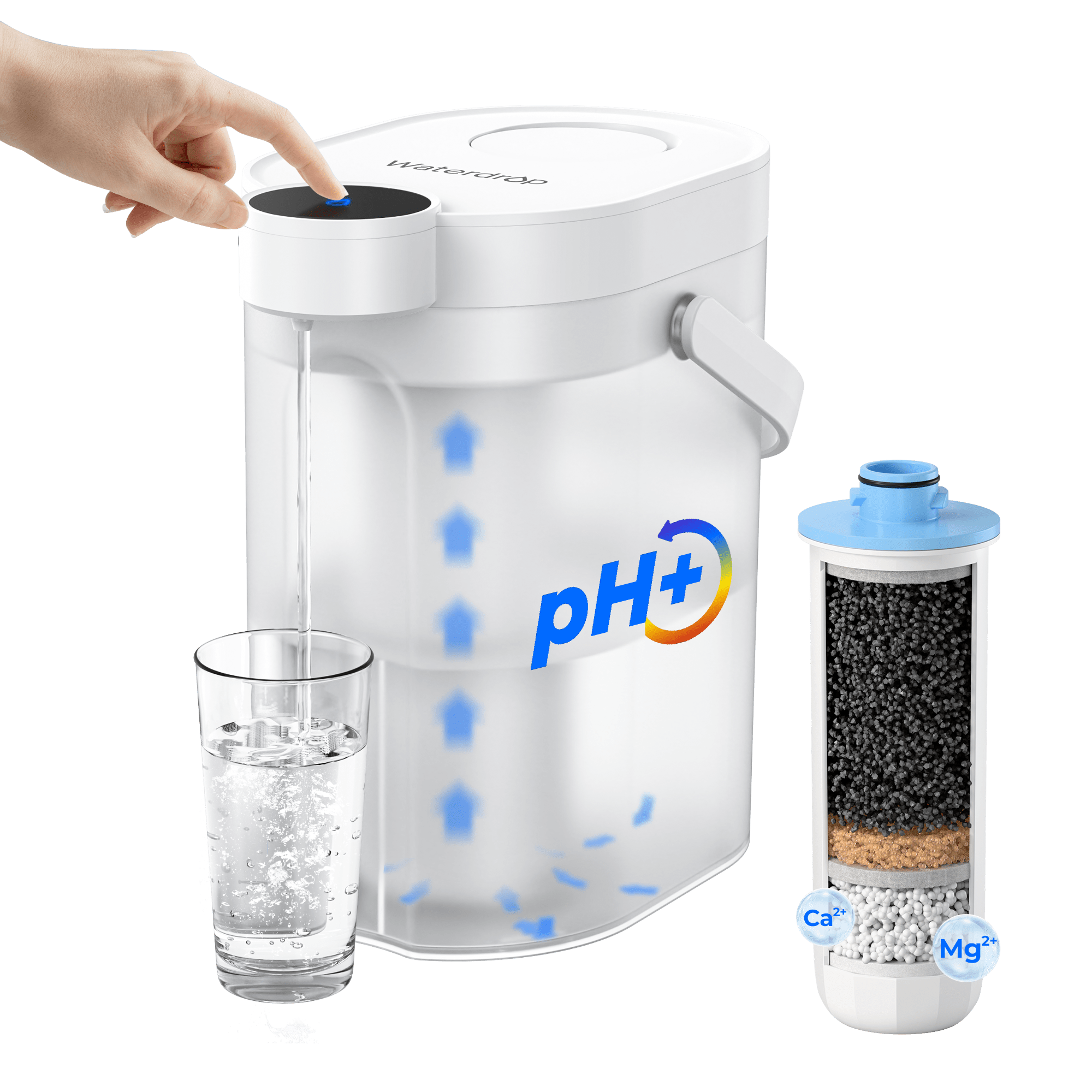 Distributeur de comptoir électrique blanc Waterdrop avec commande tactile, verre sous la sortie et vue en coupe séparée du filtre ; rendu officiel de la galerie de produits ED11L.