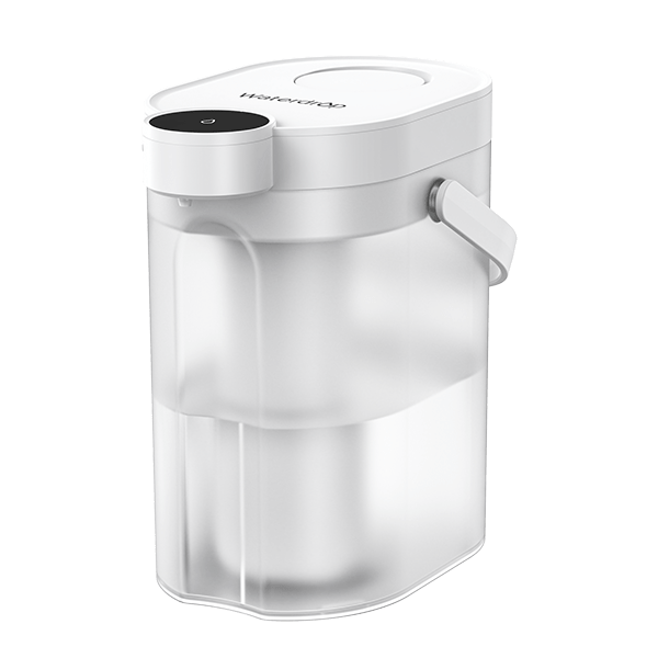 White Waterdrop ED11W rechargeable water-filter dispenser with clear reservoir, white top, black touch-control area and side handle on a studio background.