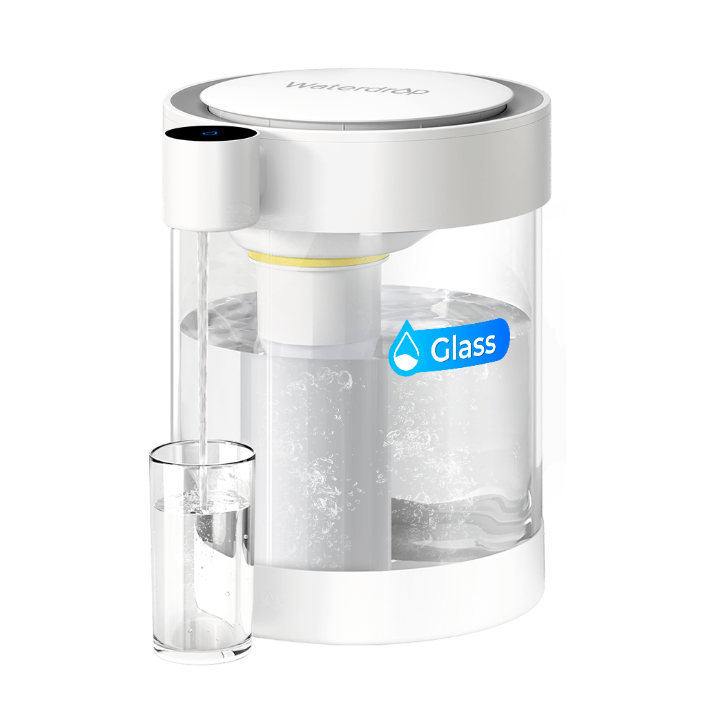 Waterdrop WD-ED12W electric dispenser with a white pump and control head above a clear glass reservoir; exact-model official studio rendering.