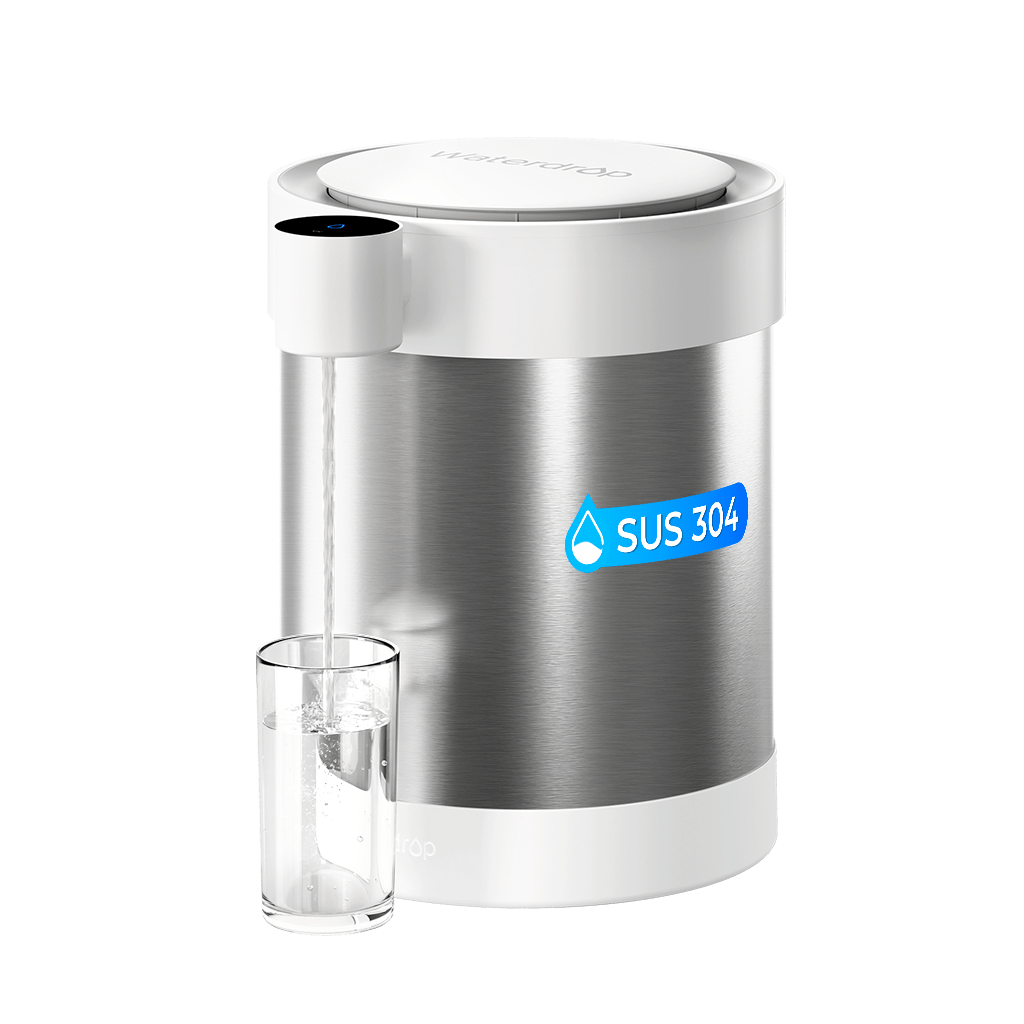 Waterdrop ED21W electric filter dispenser with silver stainless-steel body, white trim, front button outlet and a glass under the spout; official studio rendering.