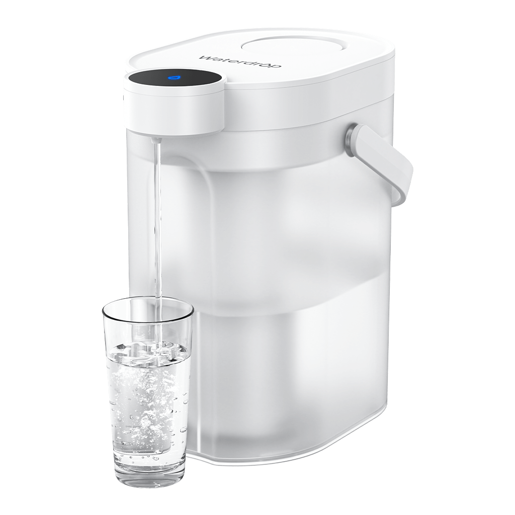 White Waterdrop ED25TW electric filter dispenser with clear water tank, side handle and dispensing spout above a glass; official studio rendering.