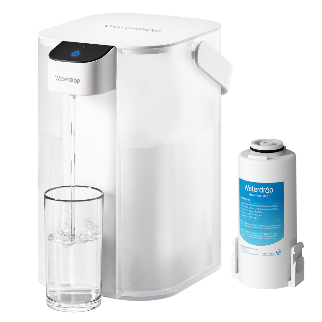 Clear Waterdrop ED61 electric water filter dispenser with front pump outlet and its WD-EDFX replacement filter; official studio rendering.