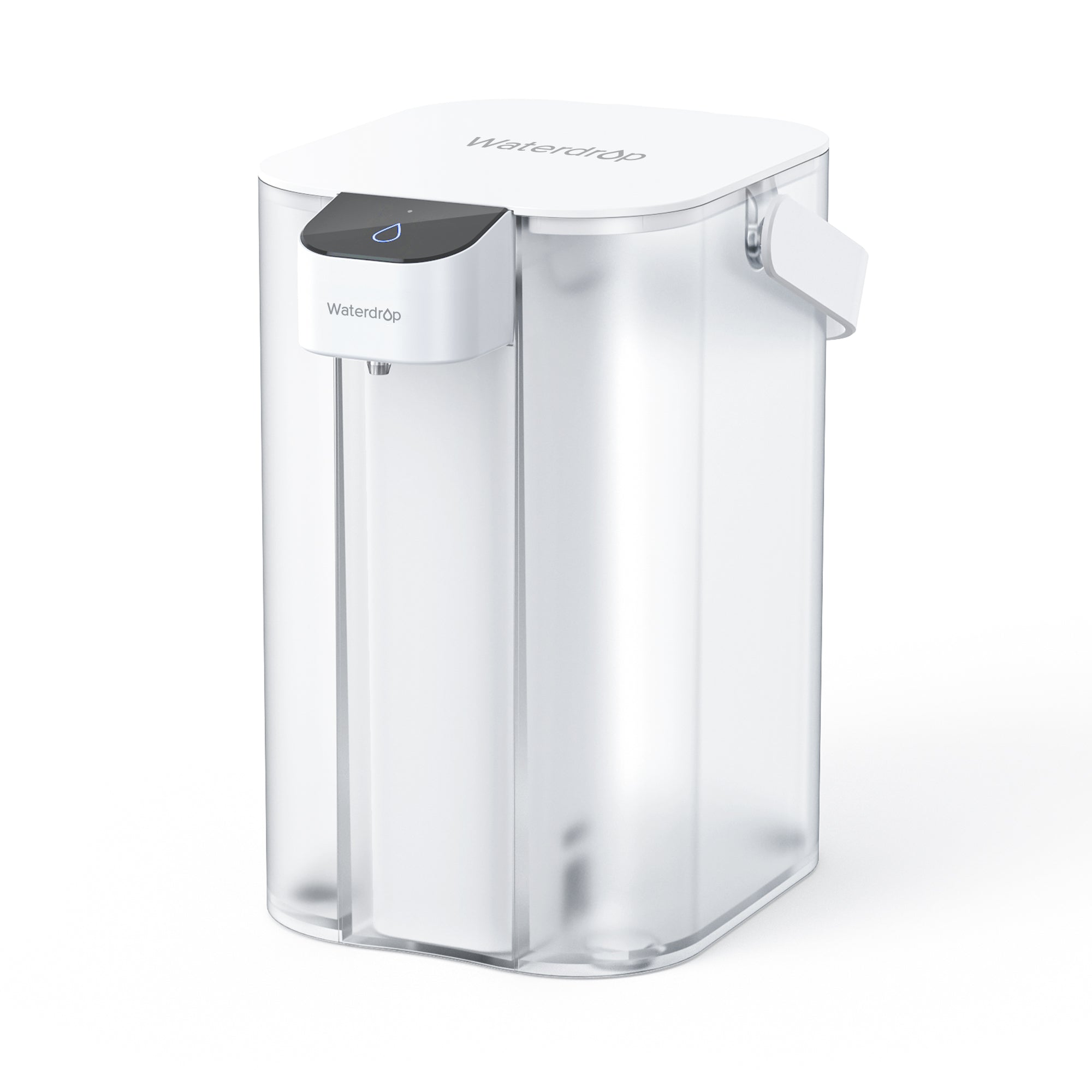 White Waterdrop EDC01 electric dispenser pitcher with clear tank, side handle and blue-lit control