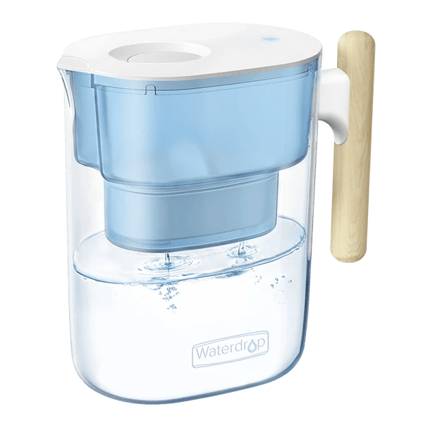 Waterdrop Chubby PT-04 Skyblue 10-cup pitcher with white lid, clear body and natural wooden handle; official studio rendering.