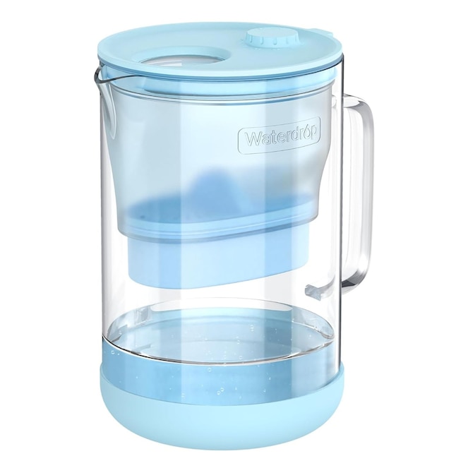 Waterdrop PT-09B-A blue-accented glass-body pitcher with clear outer jug and blue plastic upper reservoir and lid.
