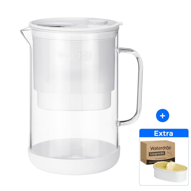 White-lid Waterdrop PT-09W 10-cup glass-body pitcher with a plastic inner reservoir; a small inset shows an extra-filter package.
