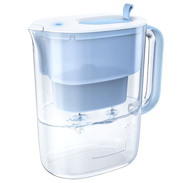 Waterdrop High-Capacity WD-PT-61B 10-cup pitcher with pale-blue lid and handle; official studio rendering.