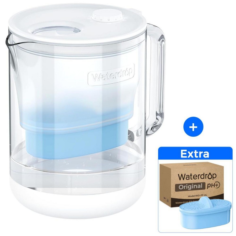 Clear Waterdrop PT-72C-A glass-body pitcher with white lid and blue inner filter reservoir; inset shows the WD-PF-AL extra filter box and blue filter.