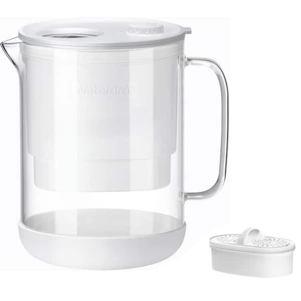Clear Waterdrop PT-72W glass-body pitcher with white lid and liner, plus a separate white filter shown beside it.