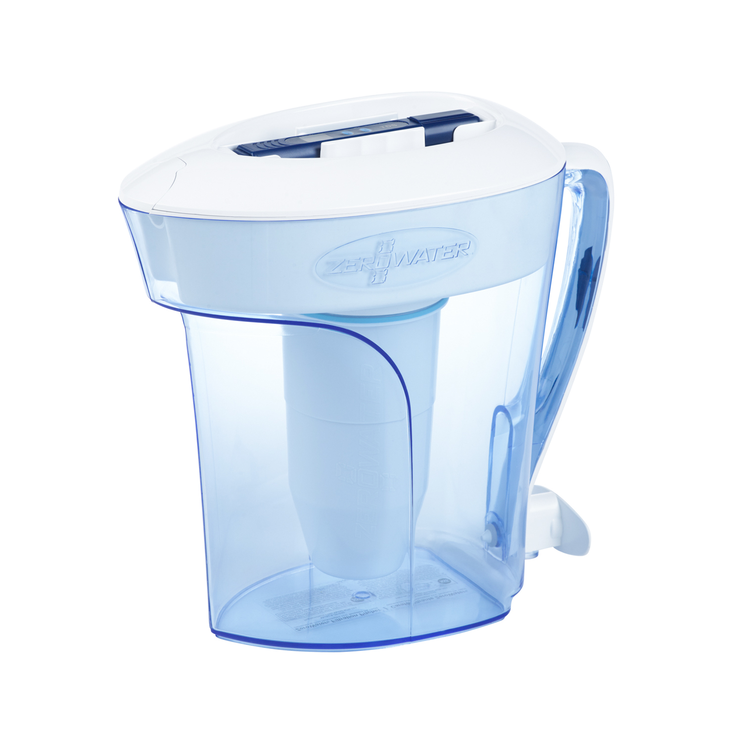 Blue-tinted clear ZeroWater 10-cup ZP-010 pitcher with white lid, handle, spigot and separate TDS meter; manufacturer studio rendering.