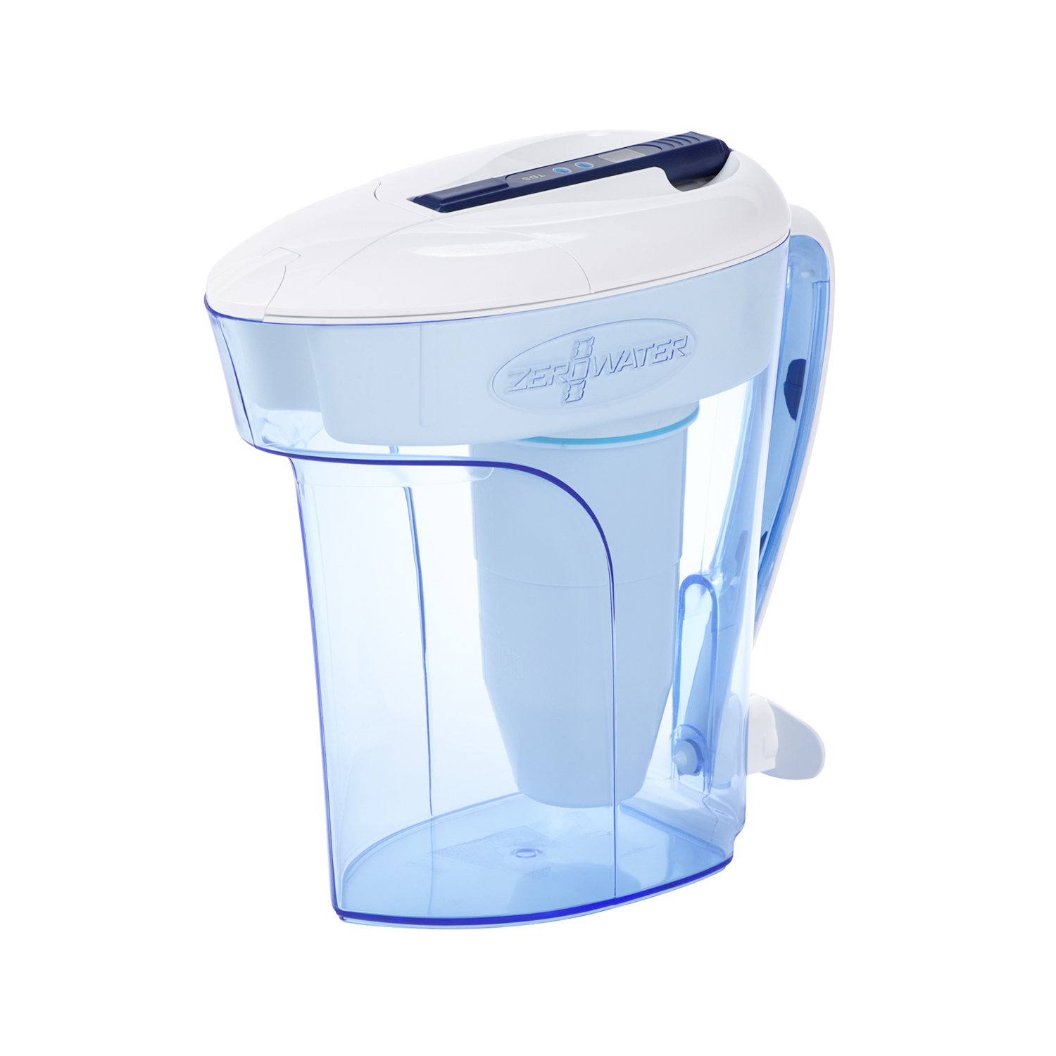 Blue-tinted clear ZeroWater 12-cup ZD-012-RP Ready-Pour pitcher with white lid, handle, quick-fill spigot and TDS meter; manufacturer studio rendering.
