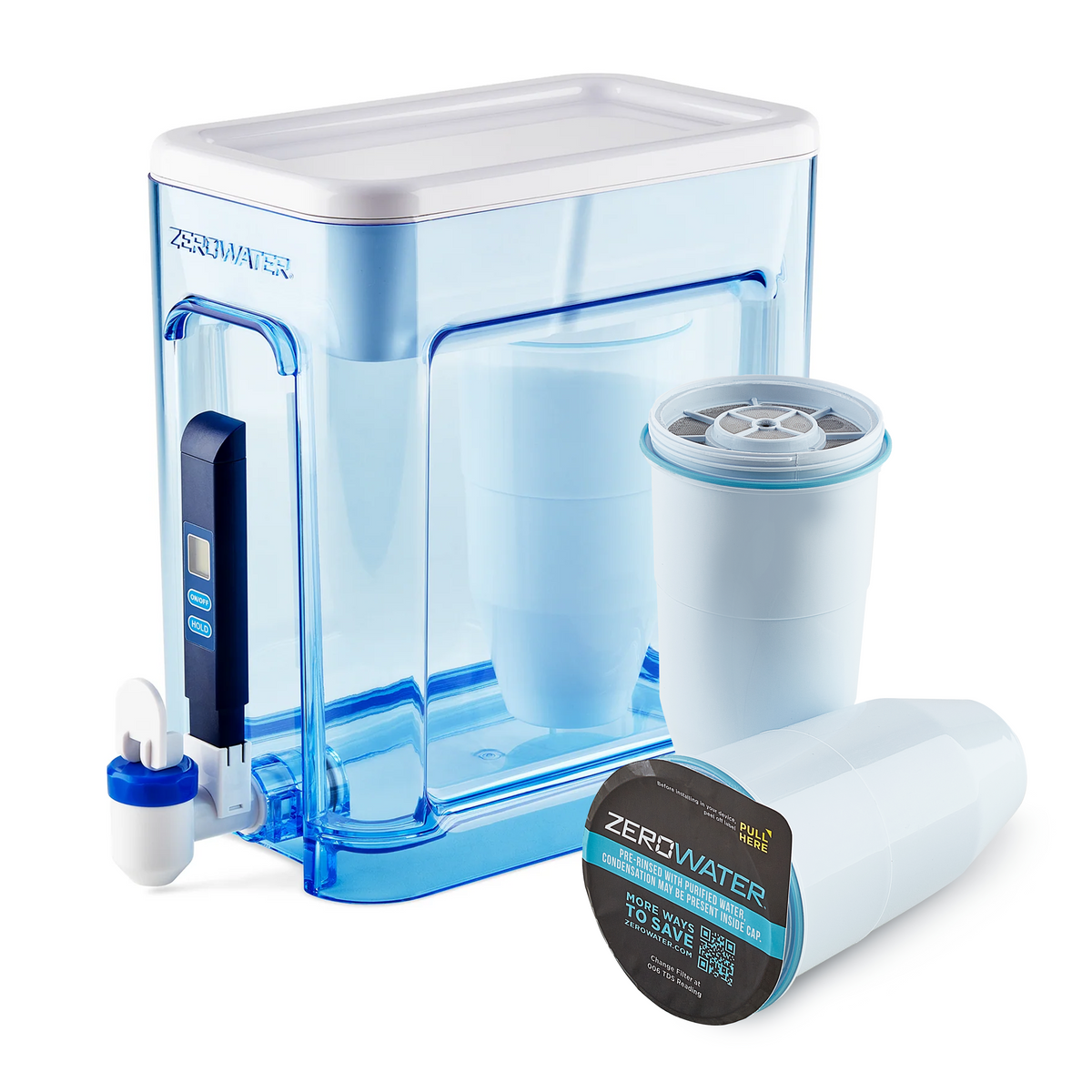Blue 22-cup ZeroWater Ready-Read reservoir with its side spigot and integrated meter, shown beside a five-stage filter cartridge